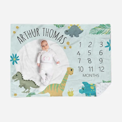 Vista 9 de Manta de hito mensual personalizada para bebé, nombre personalizado con diseño de dinosaurio, fondo de fotografía, manta de felpa suave con respaldo