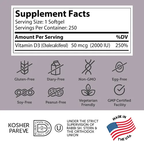 Vista 2 de Zahler - Cápsulas blandas avanzadas de vitamina D3 de 2000 UI (250 unidades) Kosher Vitamina D apta para vegetarianos para apoyo inmunológico