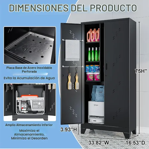 Vista 3 de Armario de almacenamiento de metal de 75 pulgadas con cerradura Negro