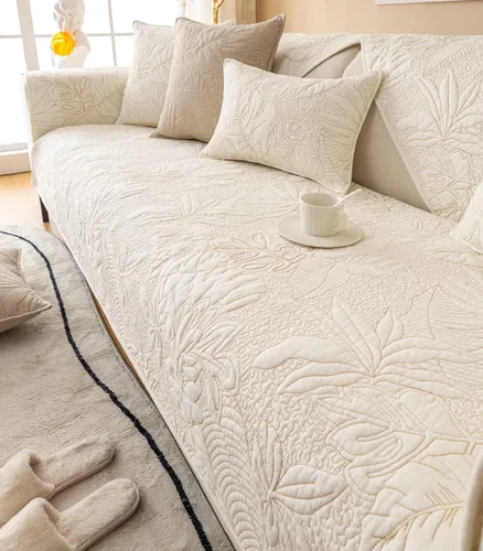 Vista 6 de vctops Funda para sofá de algodón con bordado de hojas, antideslizante, acolchada, para sofá modular, con patrón de plantas tropicales, color liso