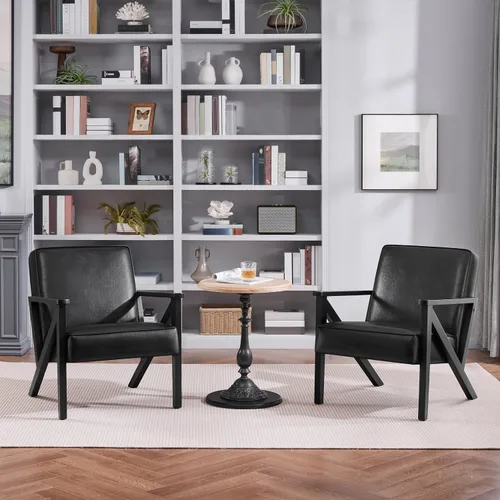 Vista 3 de Yaheetech Silla decorativa, silla de lectura de piel sintética, silla moderna de mediados de siglo con marco de madera maciza para sala de estar