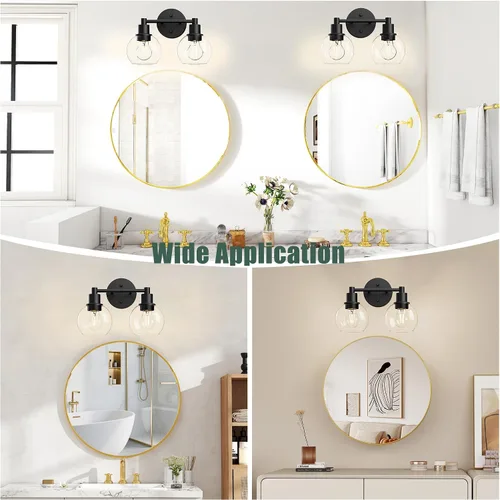 Vista 5 de 2 lámparas de baño, luces de tocador negras, luces de tocador de baño de granja, 2 luces, globo negro mate, accesorio de iluminación sobre espejo