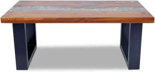 Vista 9 de vidaXL Mesa de centro de madera maciza de teca y mango hecha a mano con decoración de resina transparente, estilo industrial, multicolor, 39.4 x