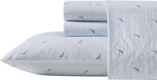 Vista 27 de Nautica - Sábanas, juego de ropa de cama de percal de algodón con funda de almohada a juego, vigorizante y fresco, bolsillo profundo