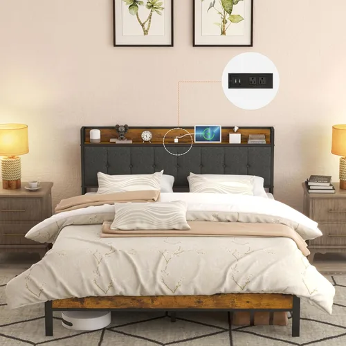 Vista 10 de Base de cama tamaño Queen con cabecera y toma de corriente tapizada para respaldo, no requiere somier, fácil de montar, sin ruido