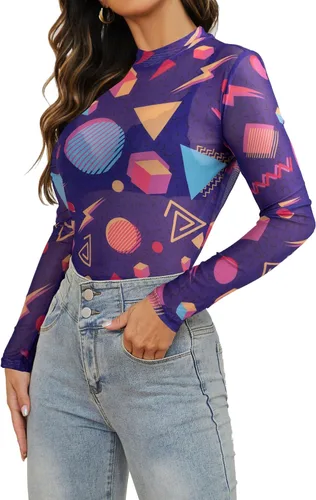 Vista 3 de Camisa de manga larga de malla de los años 80 y 90 para mujer, trajes de fiesta temática de los años 90 y 80, trajes retro sexy de neón con cuello