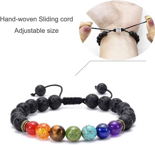 Vista 8 de Brazalete GelConnie de piedras de lava, 7 chakras, 0.32 pulgadas, piedra natural, para curación, alivio del estrés, yoga, ansiedad, aromaterapia