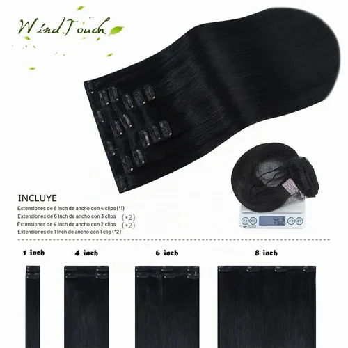 Vista 3 de WindTouch - Extensiones de cabello humano liso con pinzas, color negro azabache, 2.47 onzas, N.° 1, 12 pulgadas, 7