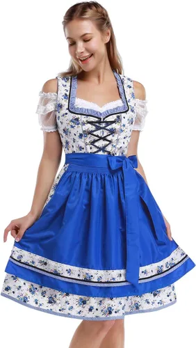 Vista 20 de GloryStar Vestido de cerveza de tirolesa alemana para mujer, disfraz de 3 piezas para el festival de carnaval bávaro del Oktoberfest 2 piezas - azul