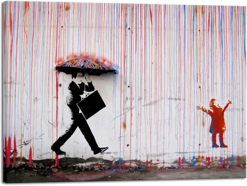 Vista 8 de Wieco Art Banksy Lluvia o Graffiti Colorido Callejero Famoso Pinturas en Lienzo Arte de Pared Moderno Inspirador Imágenes de Amor en Gris Impresión