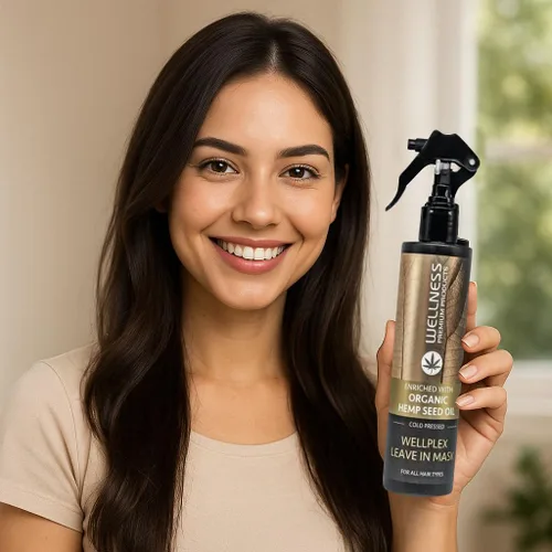 Vista 2 de Wellness Premium Wellplex - Mascarilla capilar sin enjuague en aerosol para control de daños A lightweight blend of hyaluronic acid, hemp seed oil