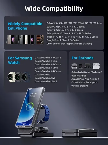 Vista 8 de Cargador inalámbrico magnético 3 en 1 para Samsung, estación de carga plegable Android para Galaxy S26/S25 Ultra /S24/Z Fold 7/Flip 7, soporte