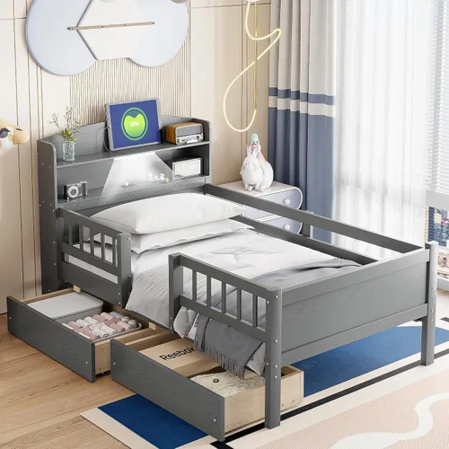 Vista 4 de VilroCaz Cama de plataforma de tamaño individual con barandilla y cabecera multifuncional, base de cama de plataforma de madera con 2 cajones