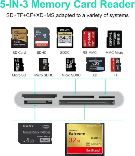 Vista 3 de Multi 8 en 1 Lightning/USB C/USB A lector de tarjetas de memoria para iPhone 15 14 13/iPad/Android/Samsung/Mac Book/Laptop/Cámara/Disco Duro/Unidad