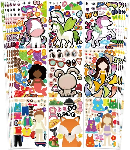 Vista 8 de Paquete de 100 calcomanías para hacer tu propia cara de animal, 25 diseños, divertidas calcomanías de cara de princesa princesa princesa para niños