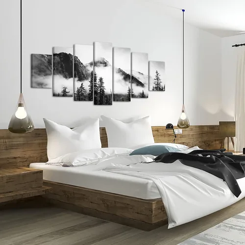 Vista 3 de NutArtPic 7 piezas de lienzo de bosque brumoso, arte de pared, diseño de montaña brumosa en blanco y negro, pintura enmarcada del parque nacional