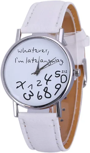 Vista 2 de Vavna "Whatever, I'm Late Anyway Print Leather Women Men Silver Quartz Watch, Blanco, Moda