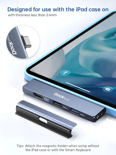 Vista 3 de Adaptador de Hub Multipuerto USB C para iPad Pro - Dockteck USBC Hub 5 en 1 con PD de 100W, HDMI 4K 60Hz, Audio, USB 3.0, Dock USB C con Agarre