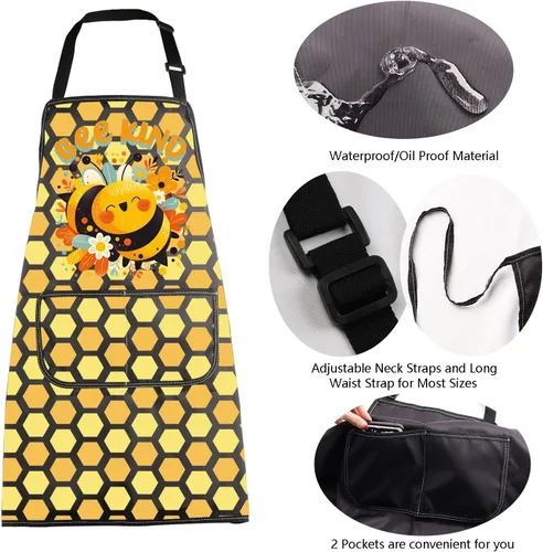 Vista 5 de MBMSO Delantal de abeja con bolsillos, delantal de abeja, regalos para amantes de las abejas de la miel, delantal de cocina, delantal de cocina