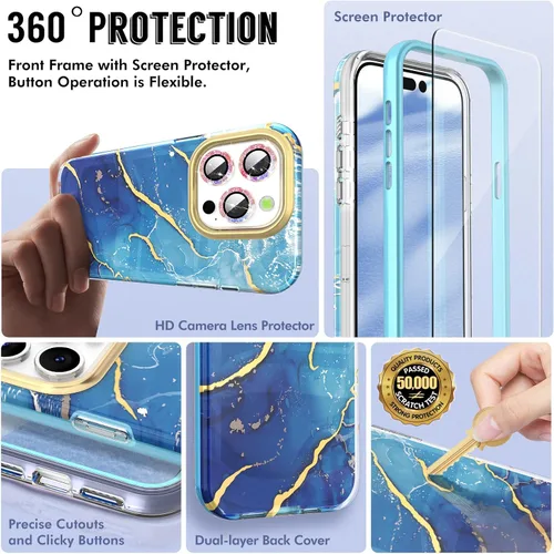 Vista 2 de SHEDEER Funda para iPhone 15 Pro con protector de cámara con purpurina y protector de pantalla, patrón elegante y antiamarillamiento, protección