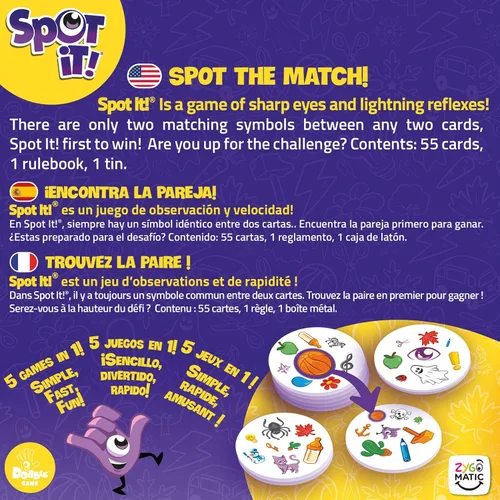 Vista 3 de Asmodee Spot It! Juego de cartas clásico (actualización 2024) - Edición con funda ecológica, juego de percepción visual 5 en 1 para reflejos rápidos