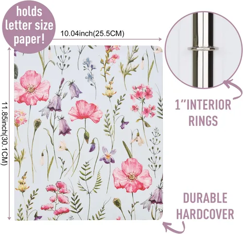 Vista 4 de Carpeta de 3 anillos vintage retro con tapa dura, anillos redondos de 1 pulgada con bolsillos interiores, plantas florales, escuela, oficina