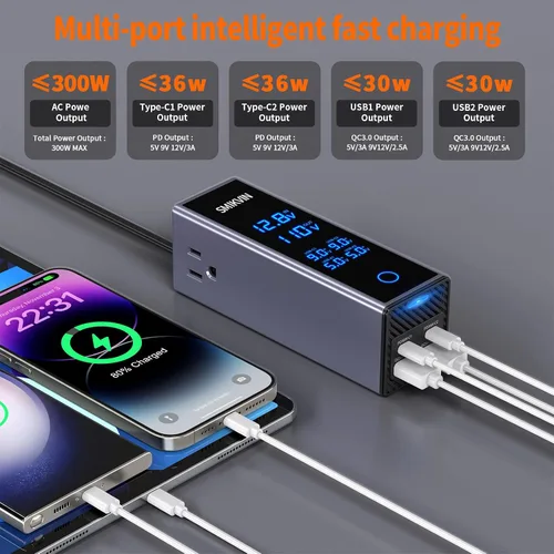 Vista 2 de Inversor de corriente para automóvil de 300 W, convertidor de 12 V a 110 V CA con 2 salidas de CA y 4 puertos USB (2 PD 36 W + 2 QC3.0 30 W)