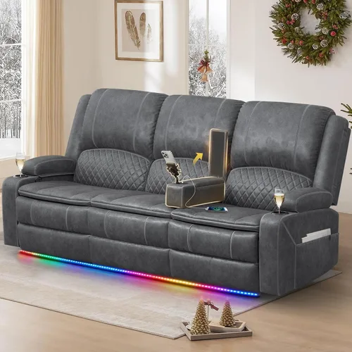 Vista 14 de Sofá reclinable de 3 plazas, sofá reclinable con consola elevable (tela, azul) Reclining Sofa with USB Removable Armrest, RV Sofa with Cup Holder