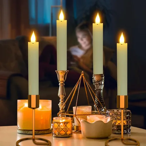 Vista 6 de Velas LED cónicas sin llama, 6 velas parpadeantes color marfil de 6.5 pulgadas con temporizador remoto, luz blanca cálida de cera real