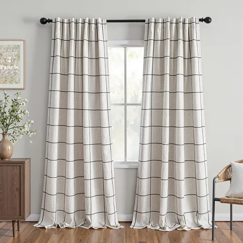 Vista 20 de MYSKY HOME Cortinas de Lino a Cuadros 100% Opacas de 45 Pulgadas de Largo de Doble Capa Estilo Granja con Aislamiento Térmico Estampado a Cuadros