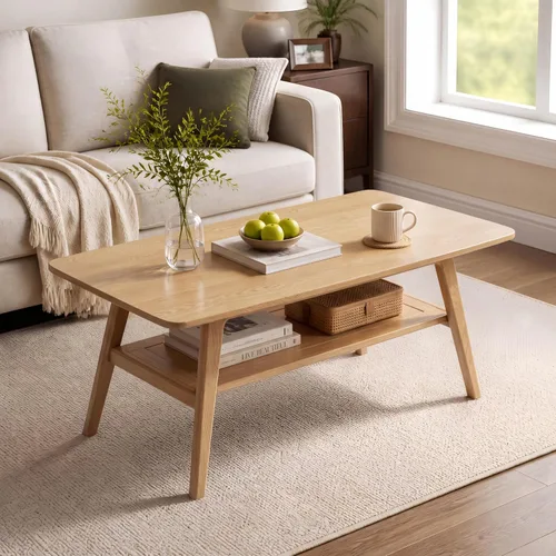 Vista 12 de Mesa de centro pequeña para sala de estar, mesas pequeñas modernas de 2 niveles de mediados de siglo con almacenamiento en estantes, mesa de centro
