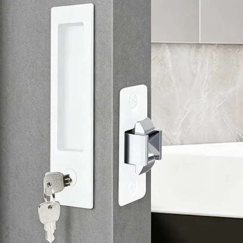 Vista 12 de Dontay Manija de puerta de bolsillo, moderna función de entrada rectangular con llave, pestillo de tracción (dormitorio/baño), herrajes para puerta