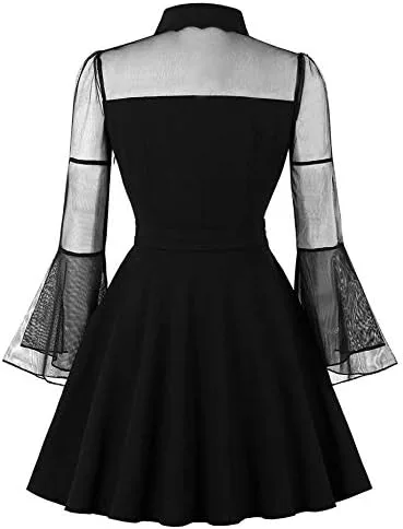 Vista 2 de CHARMMA - Vestido gótico con panel de malla para mujer, con cuello de Peter Pan, agujero y cascabel