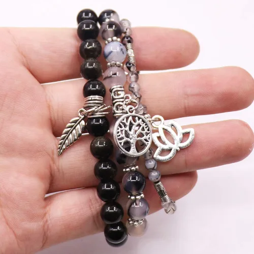 Vista 4 de UEUC - Pulseras Reiki, apilables, de piedras curativas, cristales, con dije del árbol de la vida, yoga y hoja de loto, contra la ansiedad