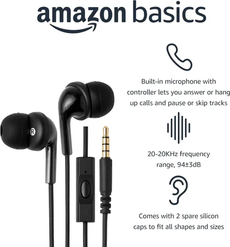 Vista 2 de Amazon Basics - Auriculares con cable con micrófono, intrauditivos, conector de 3,5 mm, cable de 1,3 m de largo, almohadillas S/M/L, negro