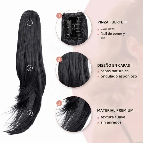 Vista 4 de Extensión de Cola de Caballo, Extensión de Cabello con Garra Larga de 20", Piezas de Cabello Sintético Ondulado Liso con Clip en Peluca de Cola