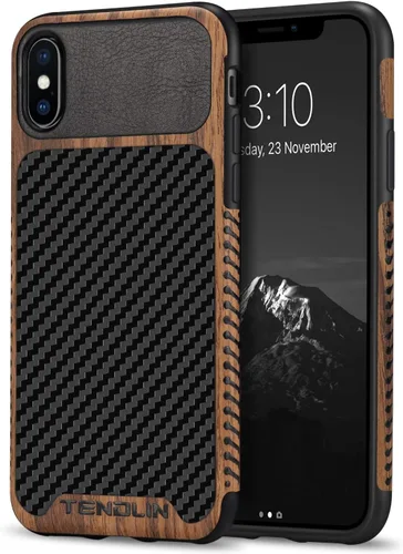 Vista 8 de TENDLIN Funda compatible con iPhone SE 2022/SE 2020/8/7, diseño de textura de fibra de carbono de grano de madera, diseño de textura de cuero, funda