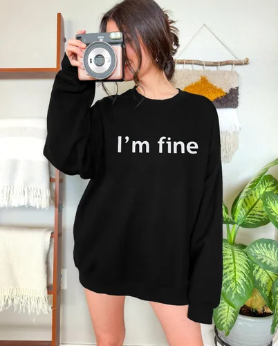 Vista 3 de Sudadera de gran tamaño para mujer, con texto en inglés "It's Fine Im Fine Everything is Fine", sudadera casual con cuello redondo y manga larga