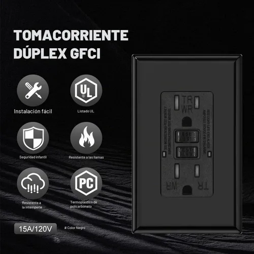 Vista 2 de Micmi Toma GFCI WR negra resistente a la intemperie, resistente a manipulaciones, receptáculo TR con indicador LED, placa de pared sin tornillos