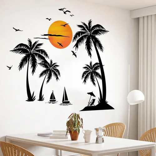 Vista 7 de Calcomanías de pared grandes de palmera negra, calcomanías de pared de pájaros tropicales de cocotero, mural de bosque para dormitorio, sala