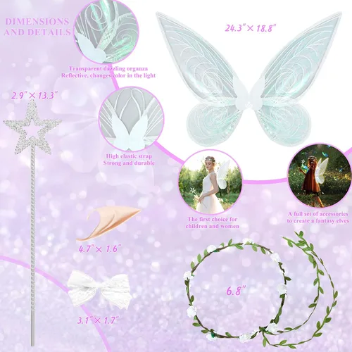 Vista 3 de 7PCS Fairy Wings Dress Up,Sparkling Sheer Wings Butterfly Fairy Halloween Costume Angel Wings for Kids Girls Women