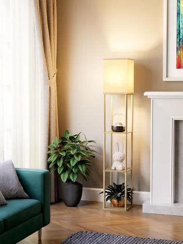 Vista 10 de Lámpara de pie con estantes para sala de estar color marrón nogal, lámpara de pie con estante con bombilla LED de 3 CCT, lámpara de columna de pie