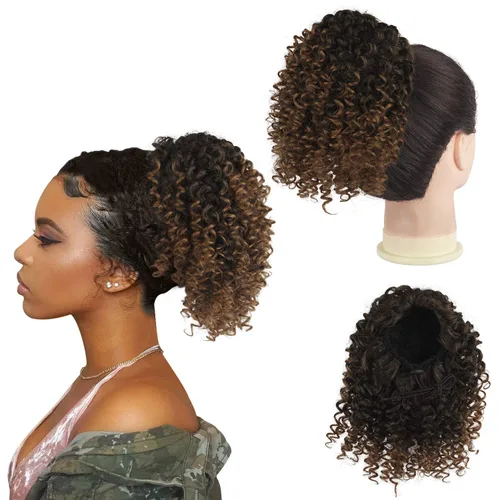 Vista 10 de PEACOCO Cola de caballo afro rizada con cordón para mujeres negras, extensiones de cola de caballo afro de 6 pulgadas, cabello sintético con 2 1b