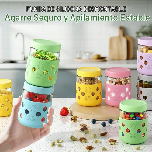 Vista 5 de Lazyshine Paquete de 6 recipientes de vidrio para avena durante la noche con tapas, tarros Mason de 16 onzas con fundas de silicona, tarros Vaso