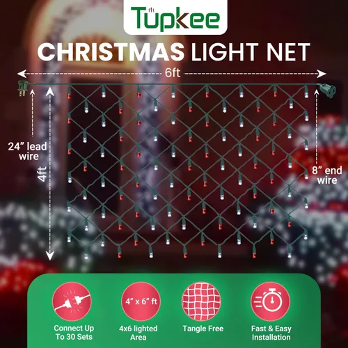 Vista 3 de Red de luces de Navidad – 150 luces LED de malla roja y blanca – 4 pies x 6 pies – Exterior/Interior – Luces de red para arbustos, setos o árboles