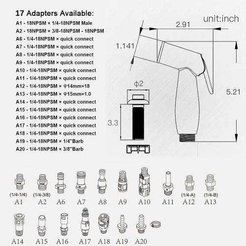 Vista 9 de Pulverizador de fregadero de cocina, rociador lateral Houtingmaan de repuesto, cabezal de rociador, cabezal rociador de fregadero, 17 adaptadores