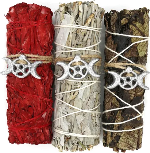 Vista 9 de Juego de 3 barras variadas de salvia con guía de manchas para limpieza del hogar, meditación y rituales (diosa) de 4 pulgadas