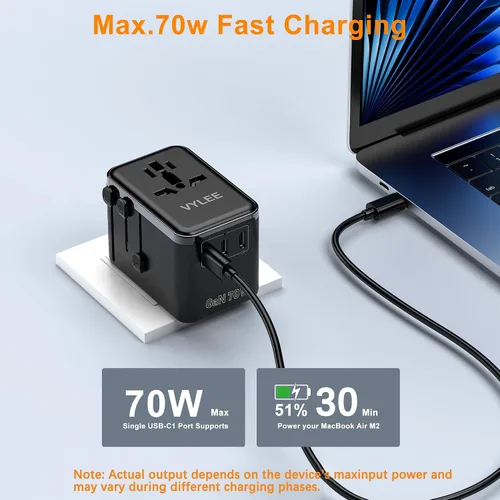 Vista 3 de Adaptador de Viaje Universal, VYLEE Adaptador de Enchufe Internacional de 70W con Carga Rápida PD, 5 Puertos (1 AC/1 USB-A/3 USB-C), Cargador