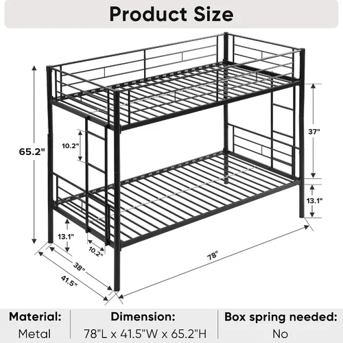 Vista 2 de Yehha Litera individual sobre individual para jóvenes y niños, litera de metal industrial con 2 escaleras y barandilla de longitud completa