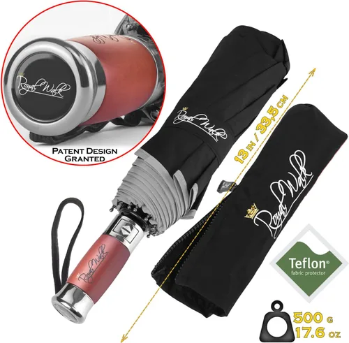 Vista 3 de Royal Walk Paraguas de viaje plegable resistente al viento, compacto y fuerte, mango de madera real, cierre automático, doble toldo ventilado